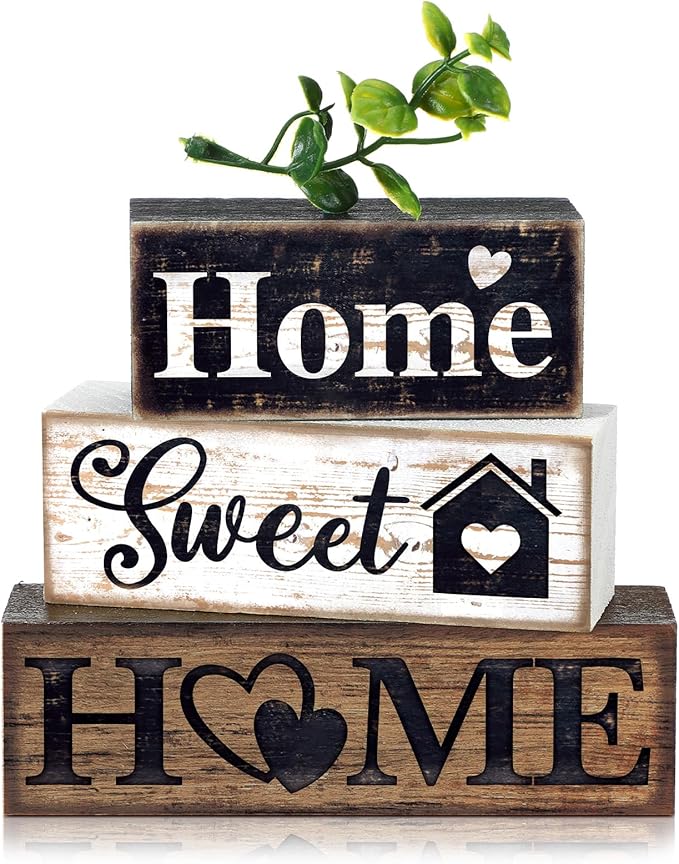 4 Pcs Farmhouse Wooden Tabletop Decor Farmhouse Tiered Tray Decor Rustic Eucalyptus Leaves Wood Block Sign Gift Sweet Home Centerpiece Home Table Decortion