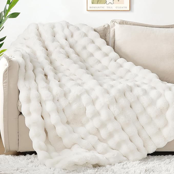 Touchat Luxury 1000GSM Rabbit Faux Fur Blanket, Super Heavy Warm Cozy Brown Blankets for Couch Bed Sofa, Ruched Plush Fuzzy Elegant Soft Reversible Mink Blanket for Living Room Bedroom, 90" x 90"