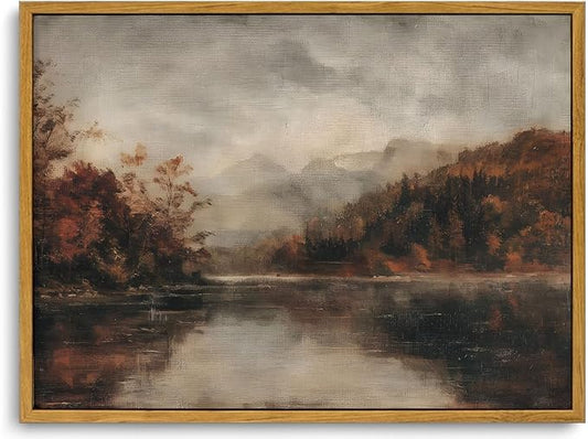 KISSFOX Vintage Autumn Lake Landscape Canvas Wall Art Fall Moody Farmhouse Rustic Country Painting Framed Wall Art Prints Artwork For Living Room Bedroom Kitchen