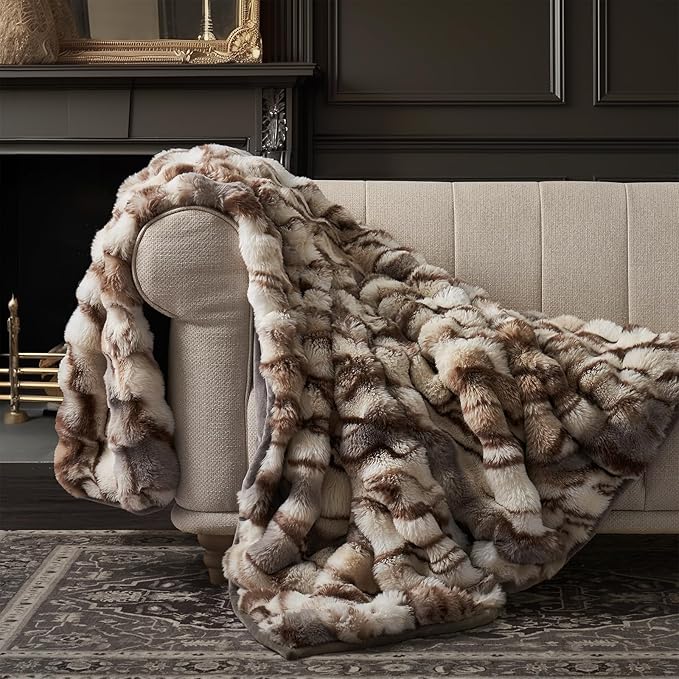 EverGrace Ultra Soft Luxury Fluffy Faux Rabbit Fur Throw Blanket, Thick Warm Bubble Throw for Bed, Cozy Plush Reversible Blankets for Couch, Chair, Sofa, Beige & Gray, 60x80 Inches