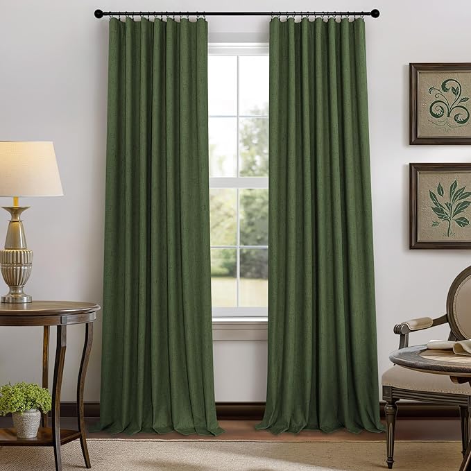 Olive Green Blackout Curtains 84 Inches Long 2 Panels Linen Boho Black Out Dark Green Forest Curtains for Living Room Bedroom Windows Darkening Insulated Thermal Drapes 84 Length Christmas Decorations