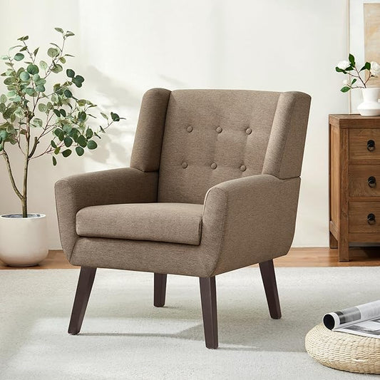 Accent Chairs for Living Room,Linen Button-Tufted Upholstered Armchair with Wooden Legs,Comfy Mid Century Modern Chair for Bedroom Apartment Waiting Room Brown