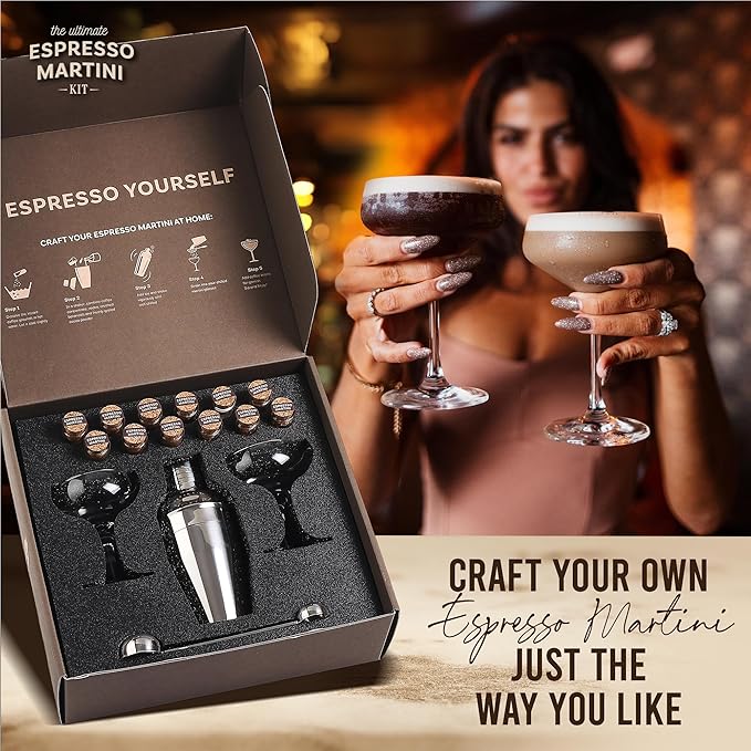 Your Dream Party Shop - Premium Cocktail Kit Gift Set - with Glasses, Accessories, and Elegant Decorations for Birthdays, Birthday Gifts for Women (Espresso Martini Kit)