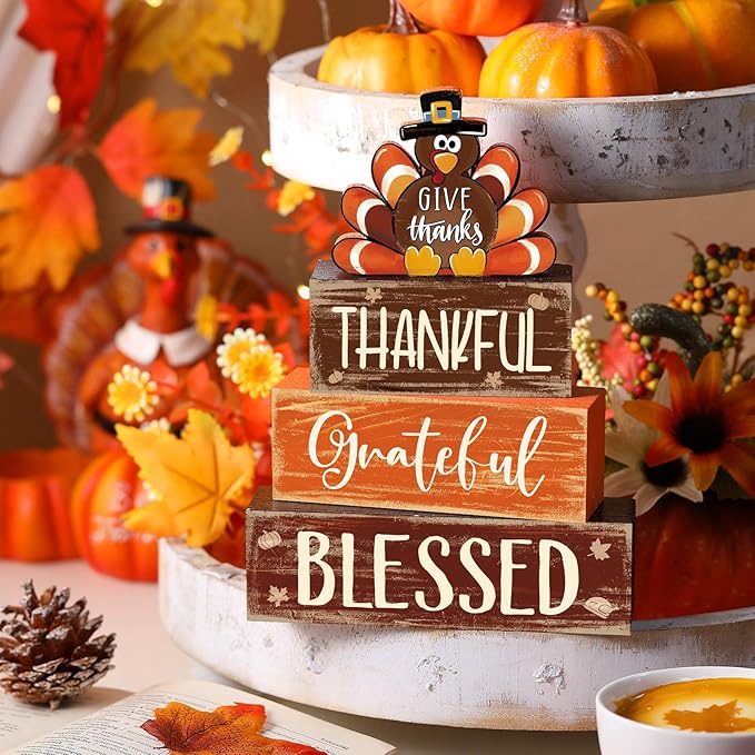 4 Pcs Thanksgiving Decor for Home Funny Turkey Wooden Signs with Hat Thanksgiving Fall Tiered Tray Decor Turkey Tabletop Centerpiece Thankful Block Signs for Office Kitchen Shelf