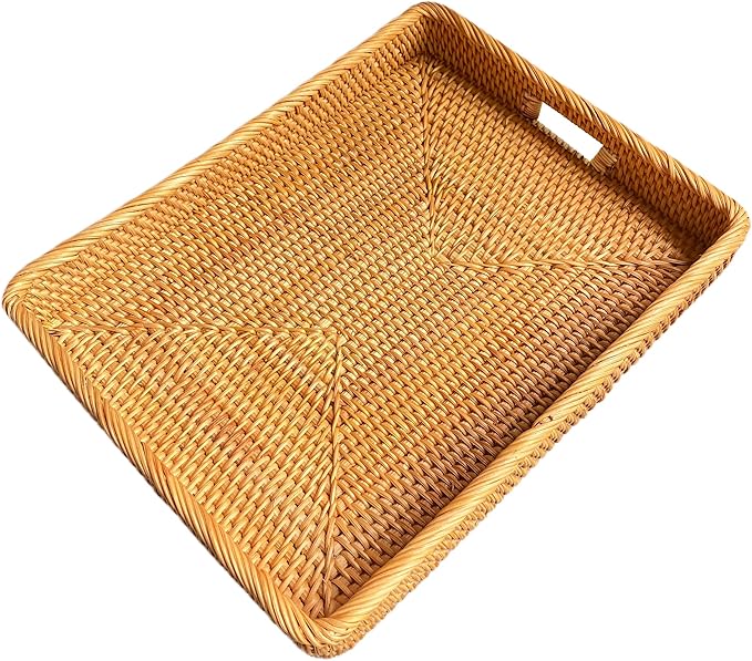 i-lan 17Inch Large Rectangle Rattan Serving Tray with Handles-Natural Wicker Breakfast Coffee Drinks Serving Platter,Kitchen Tabletop Decorative Serving Tray for Fruit,Vegetables and Snacks