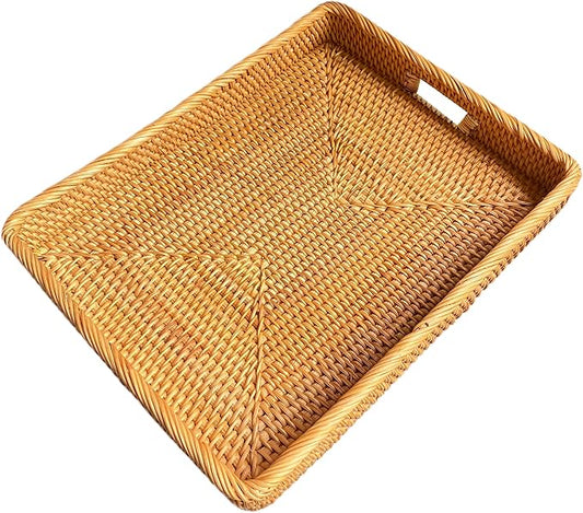 i-lan 17Inch Large Rectangle Rattan Serving Tray with Handles-Natural Wicker Breakfast Coffee Drinks Serving Platter,Kitchen Tabletop Decorative Serving Tray for Fruit,Vegetables and Snacks