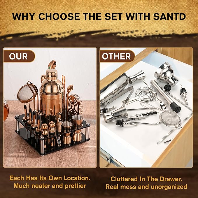 KINGROW Cocktail Shaker Set 29-Piece Bartender Kit with Rotating Stand | Bar Set Drink Mixer Set with All Essential Accessory Tools for Drink Mixing, Home, Bar, Party |Gold Rose