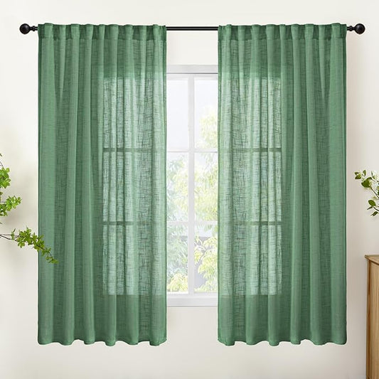 YoungsTex Green Linen Semi Sheer Curtains 63 Inch Length for Living Room 2 Panels, Light Filtering Window Drapes Rustic Textured with Rod Pocket Back Tab for Bedroom, 52 X 63 Inch