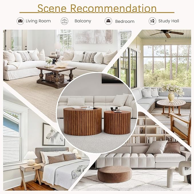 Round Coffee Table Set of 2 Modern Nesting Coffee Tables Wooden Drum Coffee Tables with Non-Slip Feet, Circle Nesting Tables End Table for Living Room Office, No Assembly (Brown 27.56"+19.69")