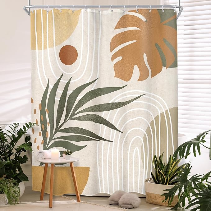 Glawry Beige Green Boho Shower Curtain Small Stall Abstract Mid Century Plant Tropical Palm Leaf Modern Minimalist Bathroom Geometric 48Wx72L Inches Bath Accessories Art Home Decor Fabric 8 Pack Hook