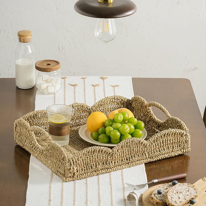 Wicker Tray, Handwoven Woven Tray with Handles and Scalloped Edge, Rectangle Wicker Basket for Home Decor and Organizing, 16.9" L x 12.9" W x 1.96" H