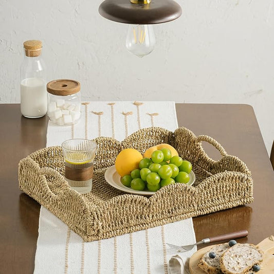 Wicker Tray, Handwoven Woven Tray with Handles and Scalloped Edge, Rectangle Wicker Basket for Home Decor and Organizing, 16.9" L x 12.9" W x 1.96" H