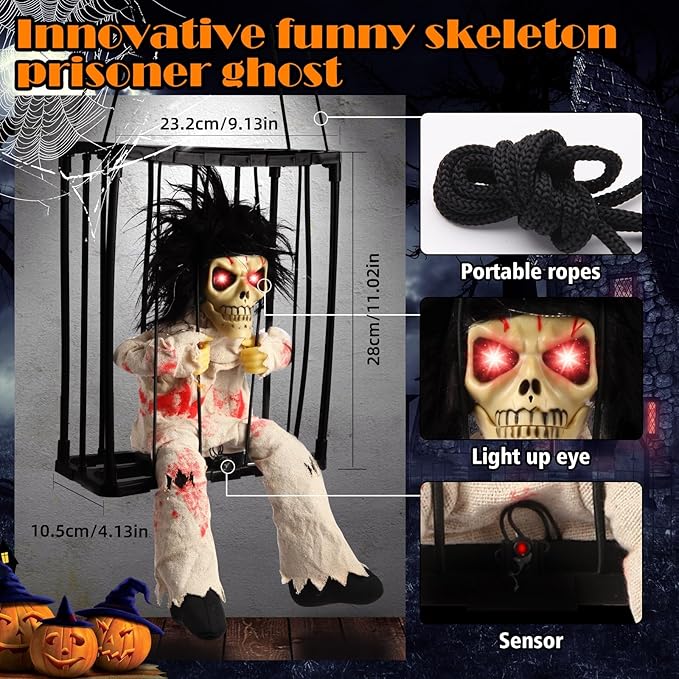 Animated Halloween Decorations, Skull Ghost Hanging Decoration Prop, Scary Skull Prisoner Halloween Decorations Props with Motion Sensor & Sound, Light Up Eyes, for Home Indoor Outdoor Decoration
