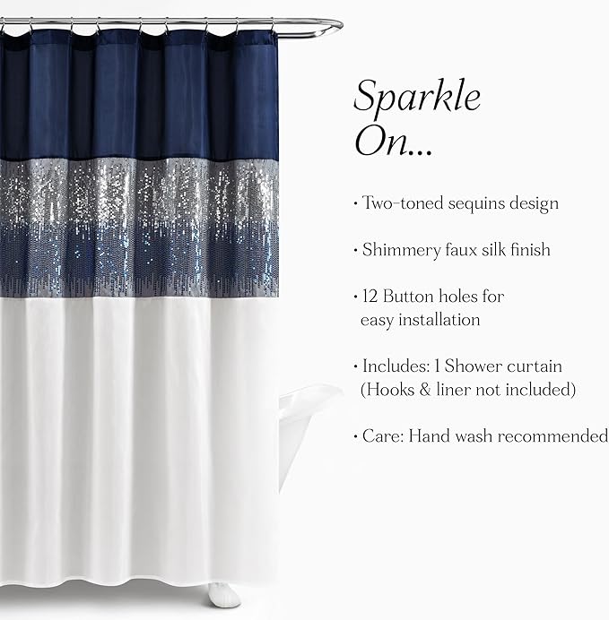 Lush Decor Night Sky Shower Curtain, Single, 72" W x 84" L, Navy & White - Sequin Shower Curtain - Sparkly Color Block Bath Curtain - Modern Glam Bathroom Decor - Extra Long Shower Curtain