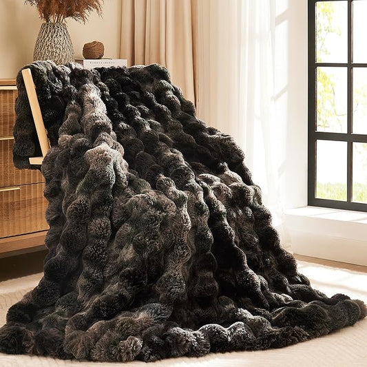 L'AGRATY Faux Fur Throw Blanket: 50" x 60" Luxury Soft Fluffy Thick Rabbit Fur Blankets for Couch Bed Sofa - Cozy Plush Bubble Blankets for Home Decor: Warm Flannel Fleece Decorative Blanket