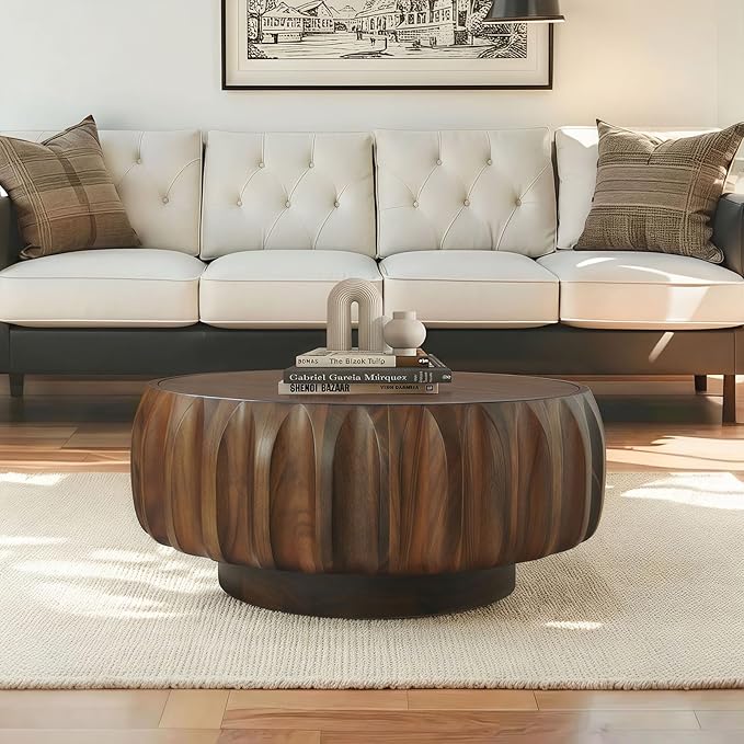 31.5" Round Walnut Coffee Table - Mid Century Modern Solid Wood Coffee Tables with Fluted Design for Living Room, Small Space, Apartment (Walnut)