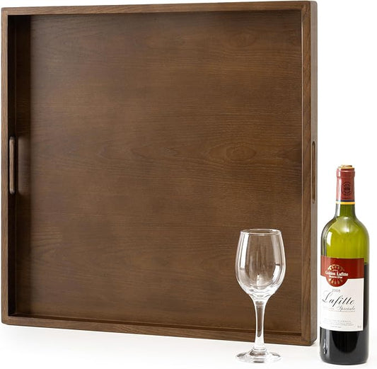 Axeman 22 Inch Large Square Wooden Ottoman Tray for Living Room|Extra Large Serving Tray with Handles for Coffee Table, Breakfast|Decorative Wood Tray for Ottoman Couch Sofa Kitchen|Walnut