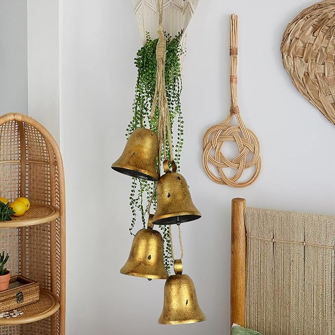 styleonme Decorative Bells, 4-Piece Set of Harmonious Bells, Vintage Handmade and Rustic Lucky Christmas Bells Hanging on a Rope, Gifts for Mom, Grandma, and Women