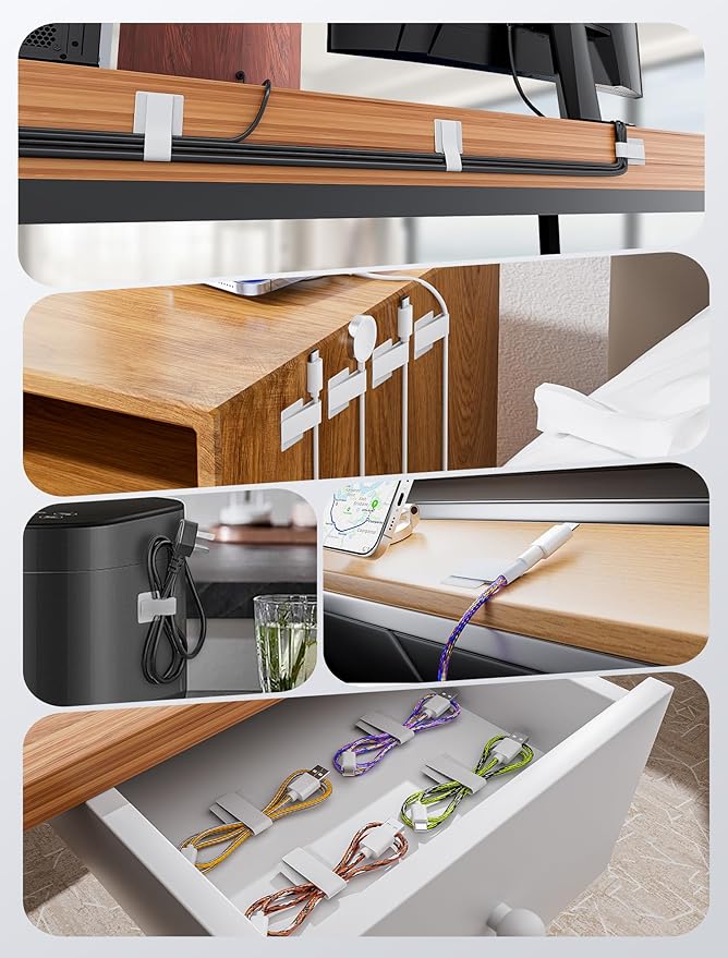 Adhesive Wire Management, 100pcs Hook and Loop Cable Ties, Adjustable Cable Straps, Sticky-Back Cord Organizer for Kitchen Appliances, Office, Home - White