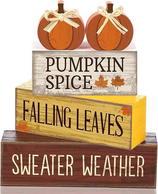 4 Pcs Fall Pumpkin Decor Fall Table Decoration Thanksgiving Tiered Tray Decor Thanksgiving Centerpiece Rustic Decorative Pumpkin Block Sign Gift Farmhouse Autumn Table Sign for Home Kitche