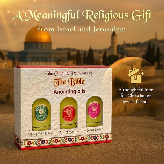 Anointing Oil for Prayer 3 Bottles Set 10ml/0.34oz Each Bottle - The Original Perfumes of The Bible Lily of The Valleys, Rose of Sharon and Queen Esther - Made in The Holy Land - by Ein Gedi