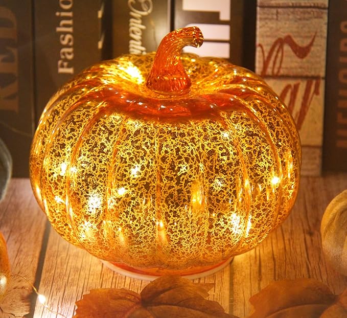 Mercury Glass Pumpkin Light with Timer, with 10 Fairy Lights Inside,Battery Operated Led Pumpkin Light,Ideal for Halloween Fall Decoration, Thanksgiving Rustic Decor, Xmas Decor (Gold)