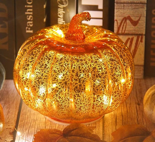 Mercury Glass Pumpkin Light with Timer, with 10 Fairy Lights Inside,Battery Operated Led Pumpkin Light,Ideal for Halloween Fall Decoration, Thanksgiving Rustic Decor, Xmas Decor (Gold)