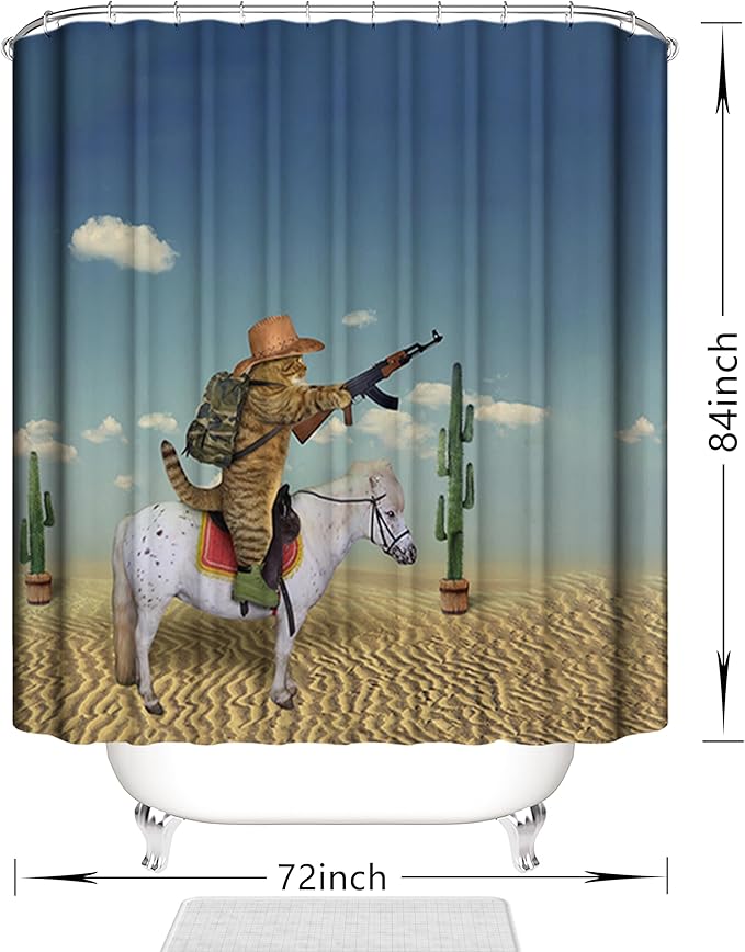 Domoku Cat Shower Curtain Cute Funny Cowboy Cat Riding Horse in The Desert Bathroom Shower Curtains Polyester Fabric Waterproof with 12Hooks 72 * 84inch/180cm*210cm