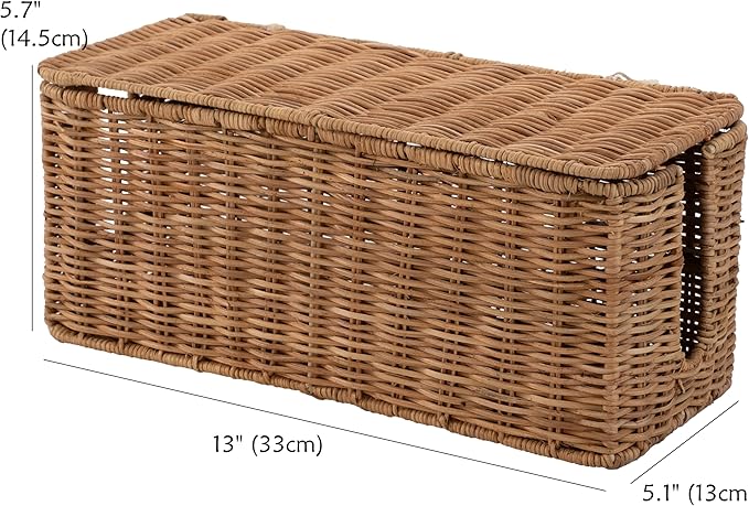 PEMAR Natural Rattan Wicker Cable Management Box, Cable Organizer, 2 Open Slots, Under Desk Cord Organizer, Cover & Hide Power Strips for TV Desk, Computer, Router, USB Hub (Natural Brown Color)