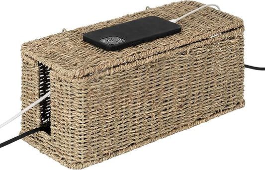 StorageWorks Large Cable Management Box, 2 Slots Wicker Cable Organizer to Hide Cords and Power Strip, Seagrass Cord Hider Box for Home & Office