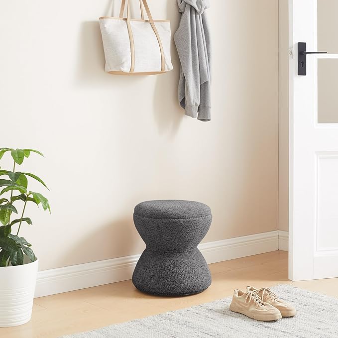 Multi-Functional Boucle Ottoman, Vanity Stool Chair, Sturdy Rotating Wooden Footstool, Suitable for Living Room, Bedroom, and Entryway, Without Installation, Swivel, Dark Grey
