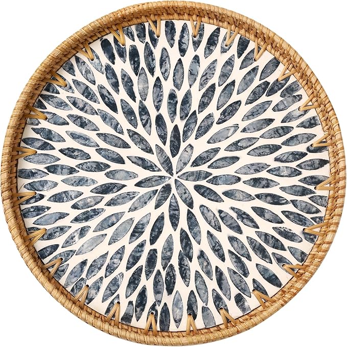 Round Rattan Tray with Mother of Pearl Inlay, Rattan Serving Tray for Coffee, Bread, Fruits, Decorative Wicker Tray for Table Decor, Home Decor, Kitchen Island Decor (Dark Blue Leaf, 11.8")