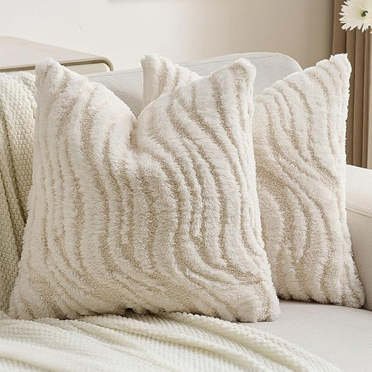 FUTEI Cream Decorative Throw Pillow Covers 26x26 Inch Set of 2,Soft Faux Fur Geometric Shapes Texture Euro Pillow Shams,Boho Home Decor for Couch Bed Living Room