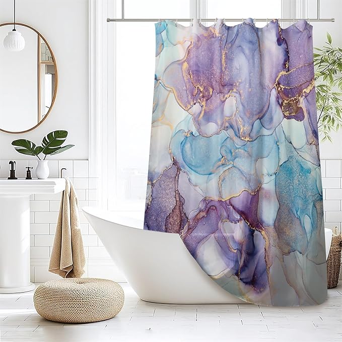Renaiss Purples Blue Marble Shower Curtain Modern Abstract Watercolor Ink Painting Shower Curtain for Bathroom Room Partition Hotel Bathtub Decorative Shower Curtains Waterproof 72" W x 84" L