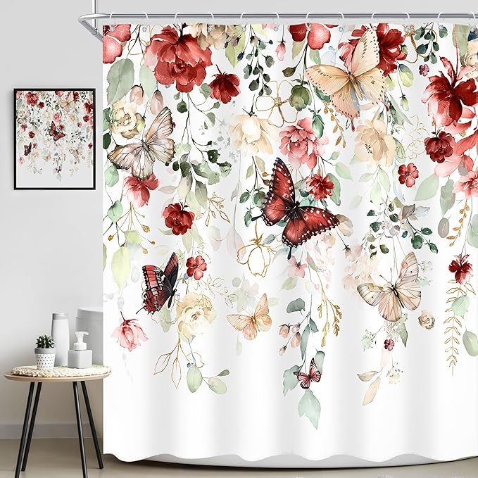Red Floral Butterfly Shower Curtain 72Wx72L Inch Summer Spring Plant Natural Gold Green Leaves Botanical Bathroom Set Woman Girl Elegant Country Bath Curtain Bathtub Accessories Home Decor