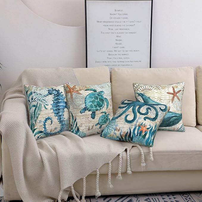 Coastal Blue Throw Pillow Covers 18 x 18 Inch Sea Turtle Seahorse Octopus Shark Beach Decorative Pillow Cases Ocean Nautical Cushion Covers for Sofa Bed Home Decor Set of 4