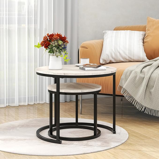 HOJINLINERO Round Coffee Table Set of 2 for Living Room,Black Small Coffee Table Living Room Table,Nesting Tables Metal Frame/Wood,Sturdy and Easy Assembly,Stacking Side Tables Bedroom,White Oak