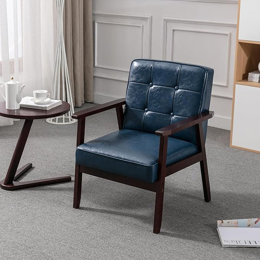 Okeysen Mid Century Modern Accent Chairs, Retro Wood and Leather Armchairs Side Chair, Lounge Reading Comfy Arm Chair for Living Room, Bedroom, Office (Blue)