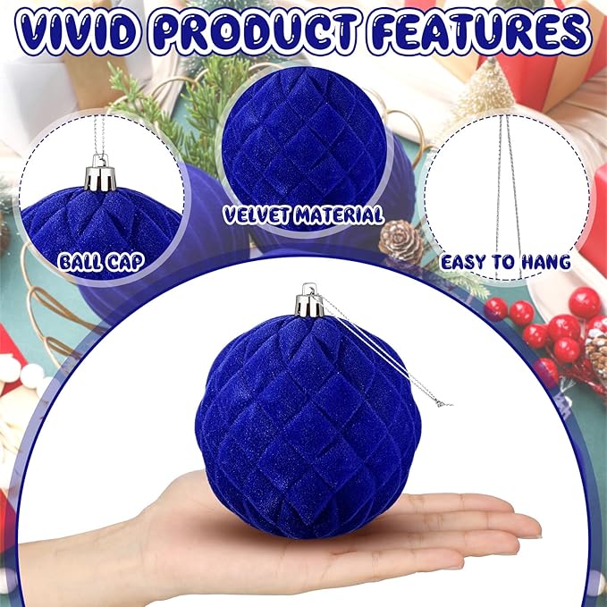 4 Pcs 4 Inch Large Velvet Christmas Ball Ornaments Vintage Christmas Plastic Ball Ornaments Flocked Tree Hanging Decoration for Xmas Party Wedding Home Decor(Deep Blue)