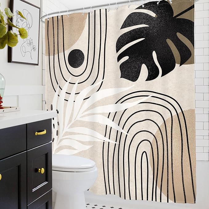 Glawry Boho Black Brown Beige Shower Curtain Extra Long Modern Mid Century Abstract Tropical Leaf Bathroom Minimalist Geometric Arch 72Wx84L Inches Bath Accessories Art Home Decor Fabric 12 Pack Hooks