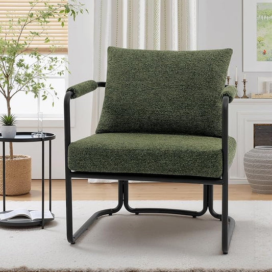 Mid-Century Modern Accent Chair, Comfy Upholstered Lounge Arm Chair with Chenille Fabric for Living Room, Bedroom, Apartment, Reading Corner, Office, Green