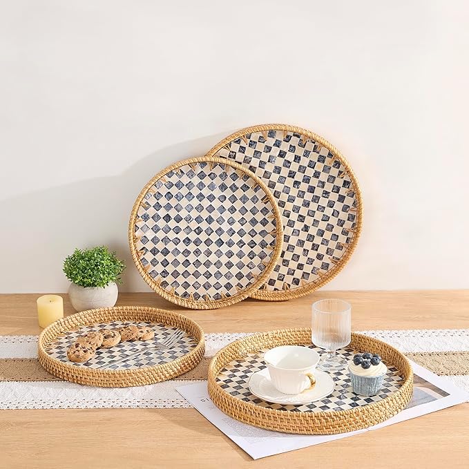 Round Rattan Tray with Mother of Pearl Inlay, Rattan Serving Tray with Wooden Base, Decorative Wicker Basket for Table Decor, Storage and Display of Coffee Bread Food Fruit (Checkerboard 13.5")
