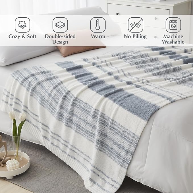 WRENGONGE Grey Blue Throw Blanket, 60x80 Soft Cozy Striped Throw Blankets for Couch, Sofa, Bed, Travel, Lightweight Fluffy Warm Plush Decorative Blankets for Women, Men,Kids Gift