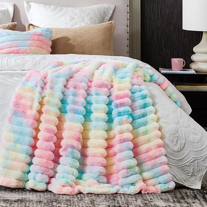 Cozy Bliss Faux Fur Throw Blanket for Couch, Cozy Warm Plush Striped Blanket for Sofa Bedroom Living Room, 50 * 60 Inches Tie-dye Rainbow