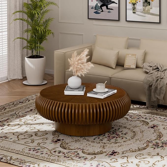 Fluted Drum Coffee Table Round Coffee Table for Living Room Mid Century Modern Coffee Tables with Sturdy Pedestal Circle Center Tea Table Accent Tea Table for Small Space Apartment (31.5" Walnut)