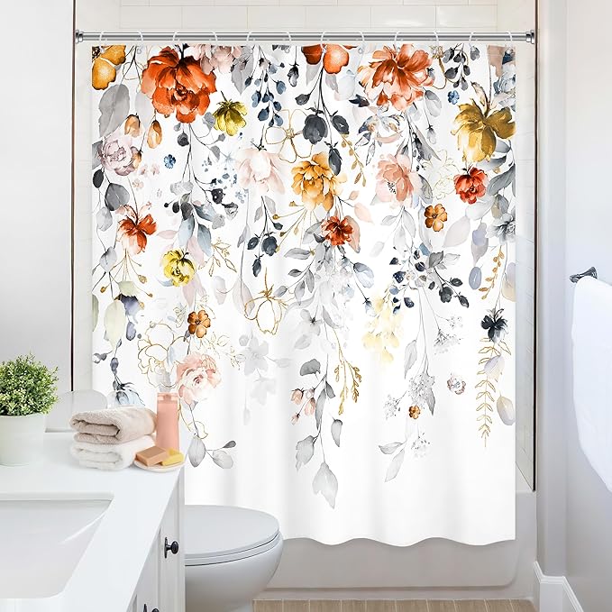 Floral Shower Curtain 72Wx72L Inch Flower Rustic Wildflower Blossom Watercolor Plant Botanical Spring Grey Fall Autumn Eucalyptus Leaf Bathroom Set Bath Curtain Bathtub Accessories Home Decor