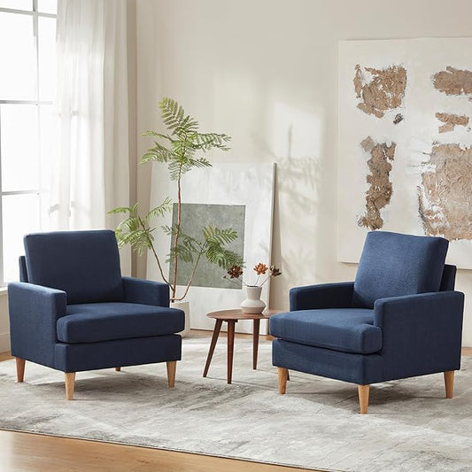 VKNOW Mid-Century Accent Chairs Set of 2, Modern Upholstered Armchair for Living Room,Comfy Reading Accent Chairs with Wood Legs for Bedroom, Navy Blue Polyester