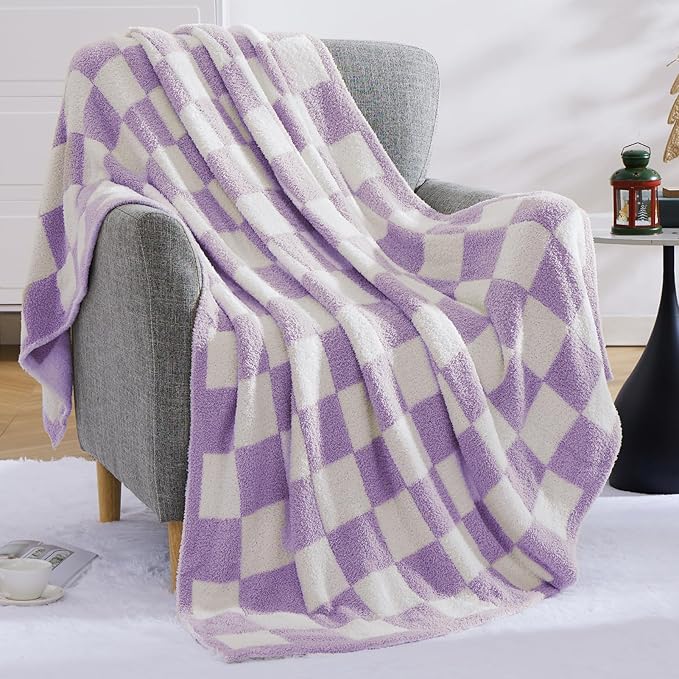 WRENSONGE Checkered Throw Blanket, Purple Soft Cozy Fluffy Warm Hand Made Throw Blankets for Couch, Sofa, Chair, Bed, Camping, Picnic, Travel Lightweight Bed Blanket - 60"*80"