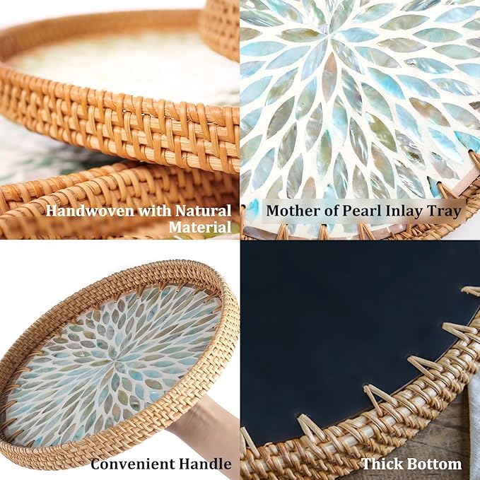 Round Rattan Tray with Mother of Pearl Inlay, Rattan Serving Tray for Coffee, Bread, Fruits, Decorative Wicker Tray for Table Decor, Home Decor, Kitchen Island Decor (Ambilight, 11.8")