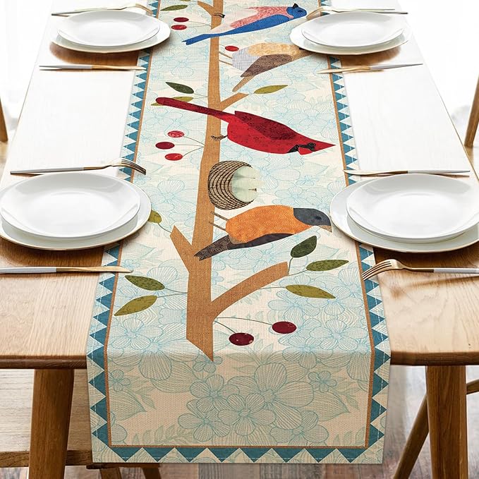 Seliem Spring Summer Birds Blue Table Runner, Cardinal Chickadee Bluebird Branch Red Berry Kitchen Dining Table Decor, Flower Nest Egg Burlap Home Decoration Indoor Outdoor Party Supply 13 x 72 Inches